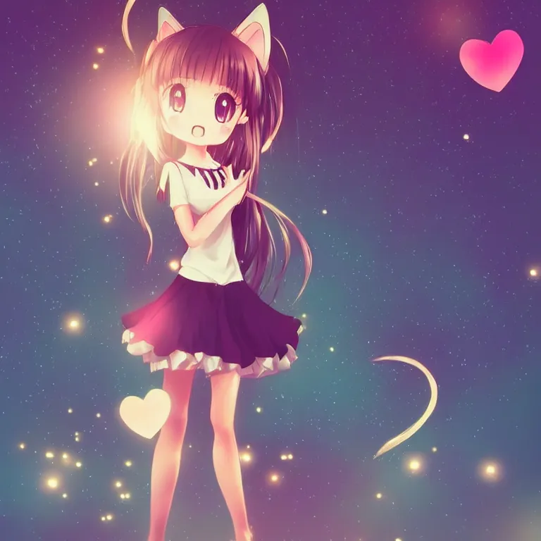 Image similar to cute, full body, female, anime style, a cat girl with fairy wings, large eyes, beautiful lighting, sharp focus, simple background, creative, heart effects, filters applied, illustration