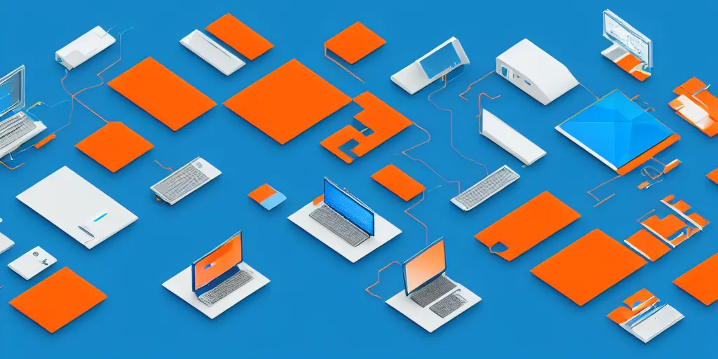 Prompt: Many computers interconnected, isometric view from above. Minimalistic design, contemporary design, infographics. Logo. Blue, cyan and orange palette. Vivid, 8K, Epic, Masterpiece