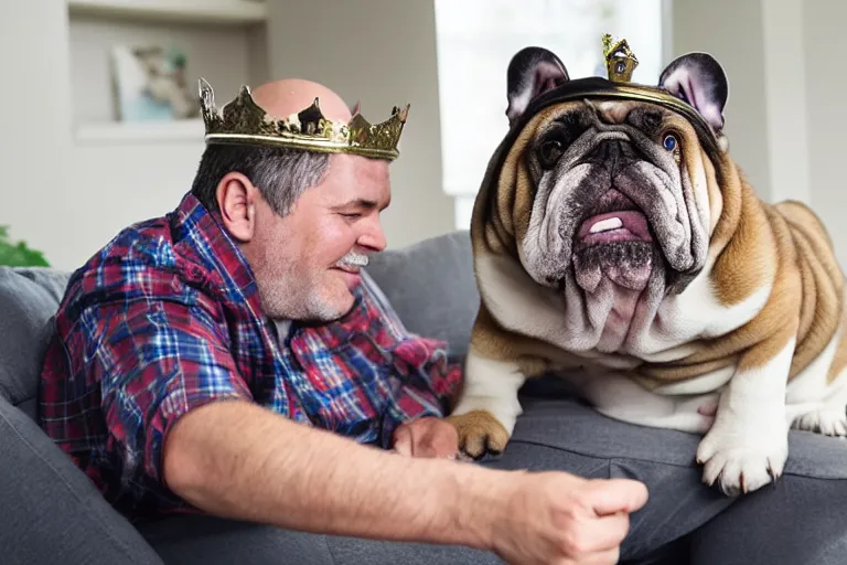 Prompt: a graying middle aged homless man playing xbox and petting an english bulldog wearing a crown, dog wearing a crown