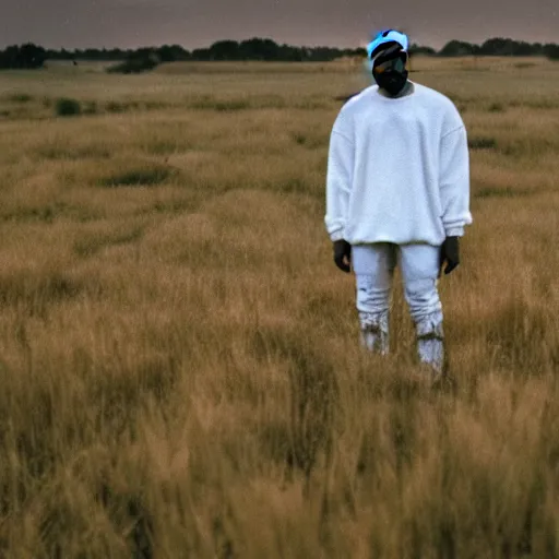 Prompt: an extreme wide shot of a Kanye West standing in a field of dead grass holding a glowing white orb next to a lake, far away, vintage photo, film grain, cold