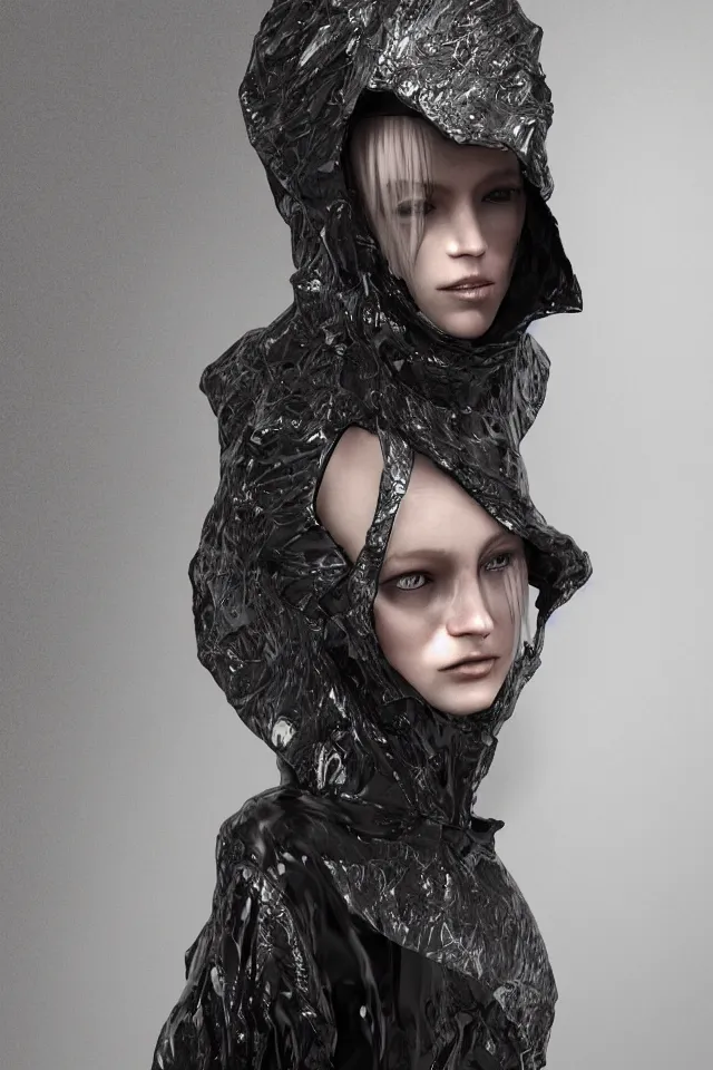 Image similar to realistic render, digital fashion, beautiful woman in tactical poncho designed by alexander mcqueen and acronym, iridiscent rim light, high key, ultra detailed, hyperdetailed, dark backdrop, trending on artstation