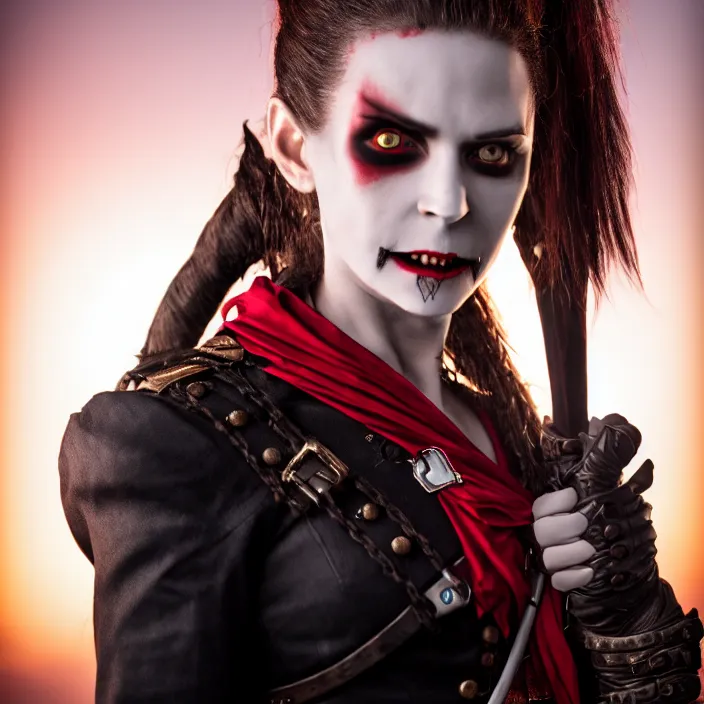 Image similar to professional photograph of a female vampire pirate. Extremely detailed. 8k