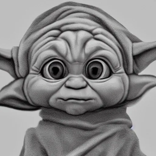 Image similar to Leonardo DaVinci grayscale pencil sketch of low polygon cute baby yoda