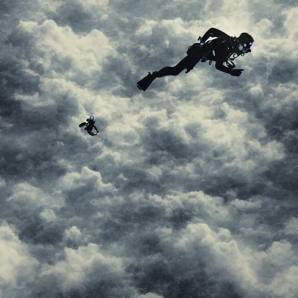 Prompt: a single scubadiver floating above the clouds, closeup, digital drawing