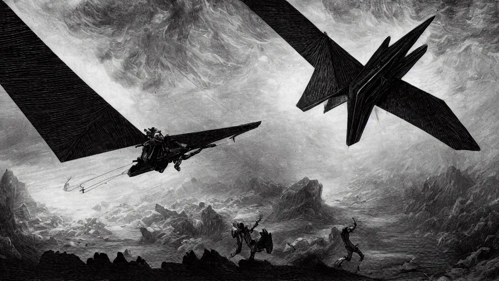 Image similar to drawing of an ornithopter flying toward a desert storm, by gustave dore, nineteenth century, black and white, vintage, science fiction, epic composition, dramatic lighting, highly detailed, cinematic