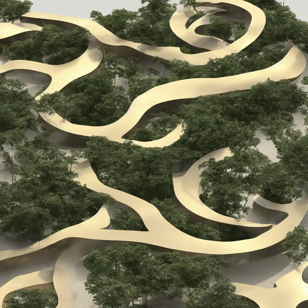 Image similar to “ an incredibly smooth curvilinear architectural sculpture, unfolding continuous golden surfaces enclose a visually interesting japanese zen garden designed by zaha hadid, architecture render ”