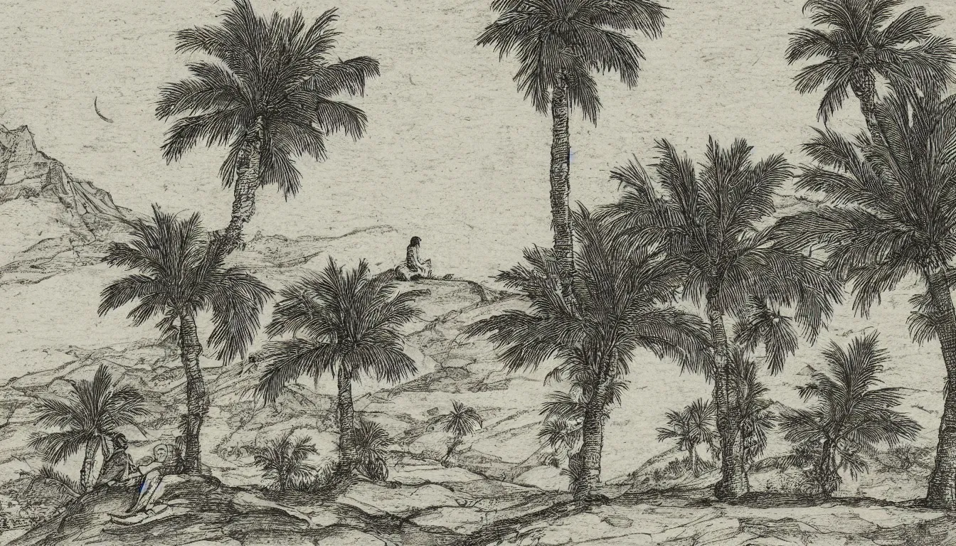 Prompt: a person sits on a large hill while wind blows the palm trees, pen and ink, 1 5 0 0 s, 8 k resolution