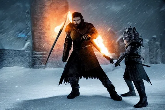 Image similar to very very intricate photorealistic photo of jon snow fighting the night king, photo is in focus with detailed atmospheric lighting, award - winning details