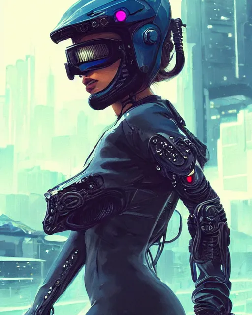 Image similar to cool girl wearing cyberpunk intricate streetwear riding dirt bike, beautiful, detailed portrait, cell shaded, 4 k, concept art, by wlop, ilya kuvshinov, artgerm, krenz cushart, greg rutkowski, pixiv. cinematic dramatic atmosphere, sharp focus, volumetric lighting, cinematic lighting, studio quality