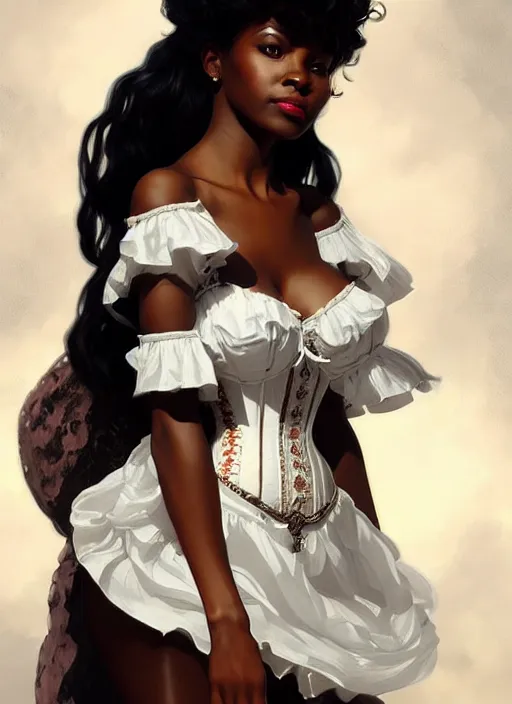 Image similar to cute black woman wearing a white corset dress, fantasy, intricate, highly detailed, digital painting, artstation, concept art, wallpaper, smooth, sharp focus, illustration, art by artgerm and greg rutkowski and alphonse mucha