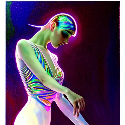 Image similar to psychedelic organic cyborg ballerina, white holographic plastic, backlit spotlight, fantasy, intricate, elegant, highly detailed, lifelike, photorealistic, digital painting, artstation, illustration, smooth, sharp focus, art by john collier and albert aublet and krenz cushart and artem demura and alphonse mucha