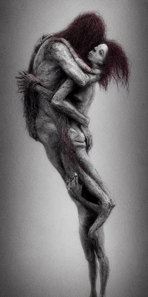 Image similar to death man and women hugging, in the style of keith thompson and zdzislaw beksinski, artstation hd, 8 k, surrealistic digital artwork