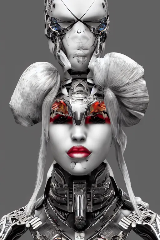 Image similar to white cyborg fashion shot, maasai warriors, fractal decorations, punk hairdo, unreal engine, trending on artstation,