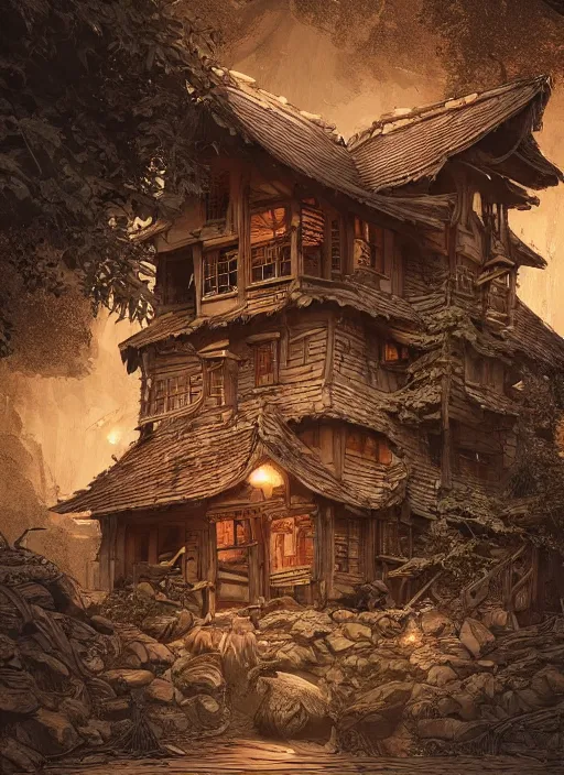 Image similar to a wood carved house on a mystic groove, art style by kim jung gi karl marx greg rutkowski, au naturel, hyper detailed, digital art, trending in artstation, cinematic lighting, studio quality, smooth render, unreal engine 5 rendered, octane rendered