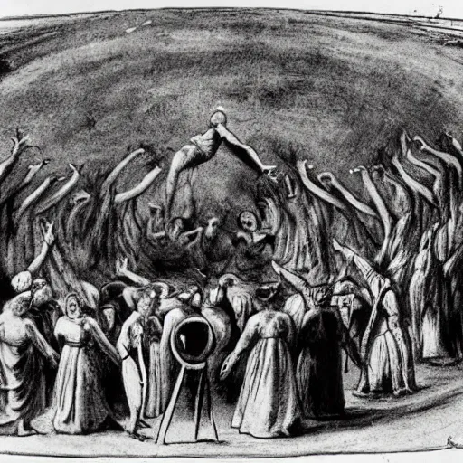 Prompt: ritual spellcasting scene from an avant-garde niche European film, people standing in a circle holding hands and chanting, sabbath of the witches, a clear reference to Goya and Remedios Varo, high-quality, twisted aesthetic