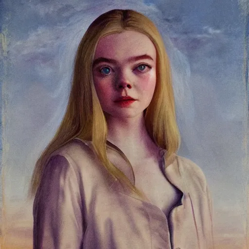 Image similar to Elle Fanning in the painted world of F.E.A.R., head and shoulders masterpiece, apocalypse, golden hour, cosmic horror, artstation, in the style of Andrew Wyeth and Edward Hopper and Bosch, extremely detailed