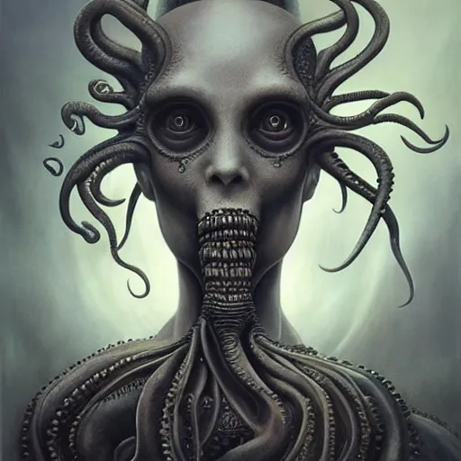 Prompt: by Tom Bagshaw, ultra realist soft painting of lovecraft and giger world of curiosities, single hybrid female Cthulhu mutation in a corset, tentacles, partial symmetry accurate features, very intricate details, focus, curvy, award winning, ultra dense fog