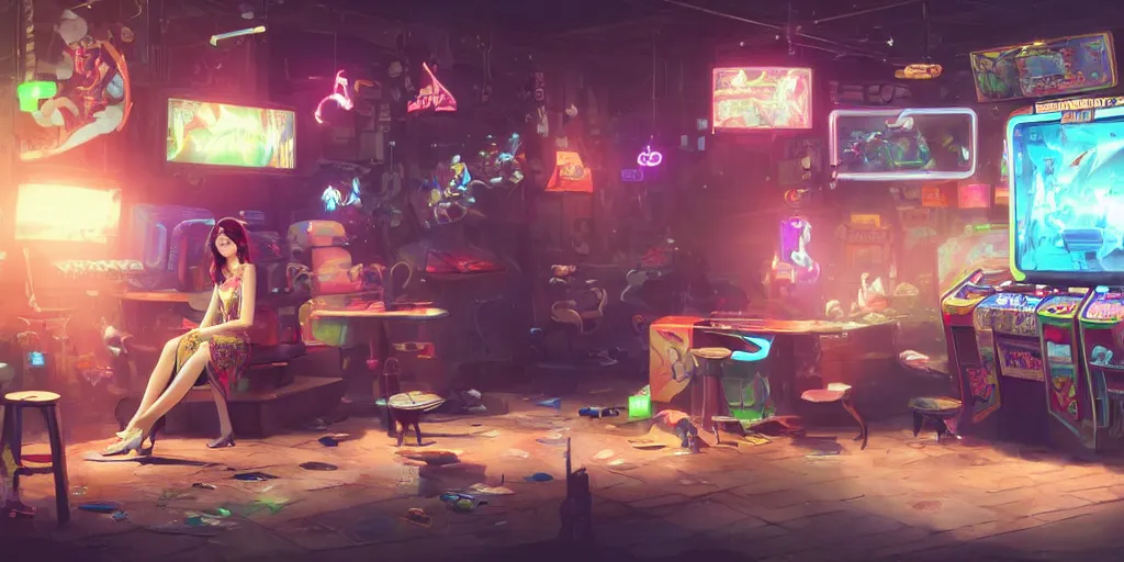 Prompt: an environmental concept art of a stylish woman playing a game in a cluttered arcade, highly detailed, environmental light, cinematic by francis tneh