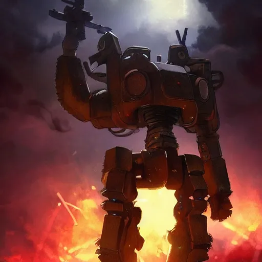 Image similar to a mech with guns on each arm preparing for combat, battlefield, dead trees, fire, smoke, dark clouds, slightly sunny, ominous, intense, epic, extremely detailed, cinematic lighting, studio ghibli, anime, steampunk,