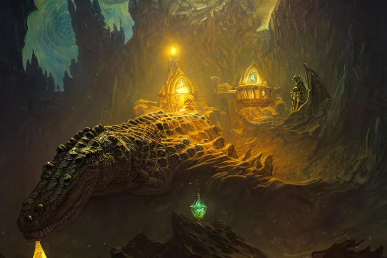 Image similar to crocodile god lair, starry night, deep focus, d & d, fantasy, intricate, elegant, highly detailed, digital painting, artstation, concept art, matte, sharp focus, illustration, hearthstone, art by artgerm and greg rutkowski and alphonse mucha