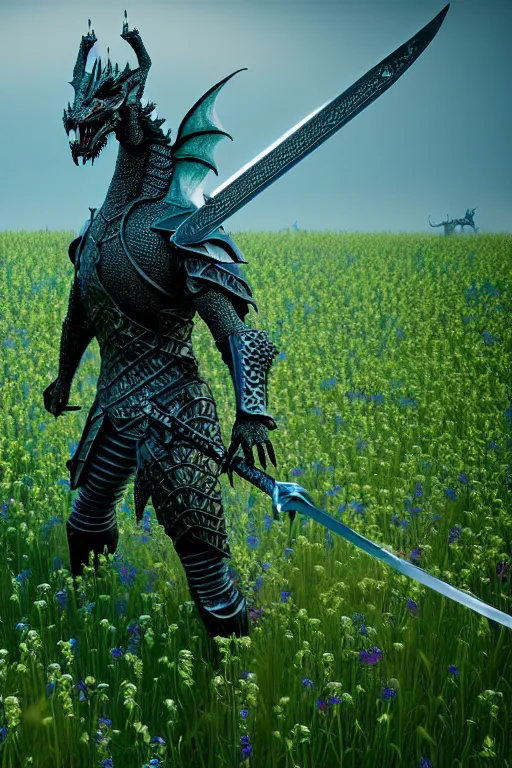 Image similar to high quality 3 d neo - gothic armored human dragon hybrid holding sword in a field of flowers, highly detailed unreal engine, vitaly bulgarov dramatic dark teal light, ground angle uhd 8 k, sharp focus