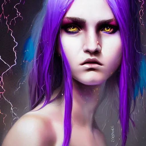 Image similar to detailed photo portrait of a furious teen girl with thin, hair-like purple tentacles on her head and bright purple eyes, 8k,by tristan eaton, Stanley Artgermm,Tom Bagshaw,Greg Rutkowski,Carne Griffiths,trending on DeviantArt, face enhance,hyper detailed ,full of colour, dramatic lightning