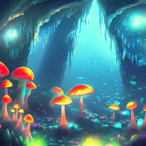 Image similar to deep sea cave, fantasy, neon mushrooms, illuminated by mushrooms, scenic underground environment, anime underwater landscape, cave, 8k, digital art, trending on art station