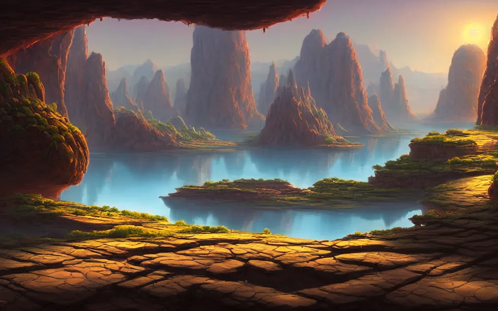 Prompt: a beautiful highly detailed matte painting of an alien planet with giant lotus with a lake surrounded by a canyon and rocks. by Jose Daniel Cabrera Pena and Leonid Kozienko, Noah Bradley concept art