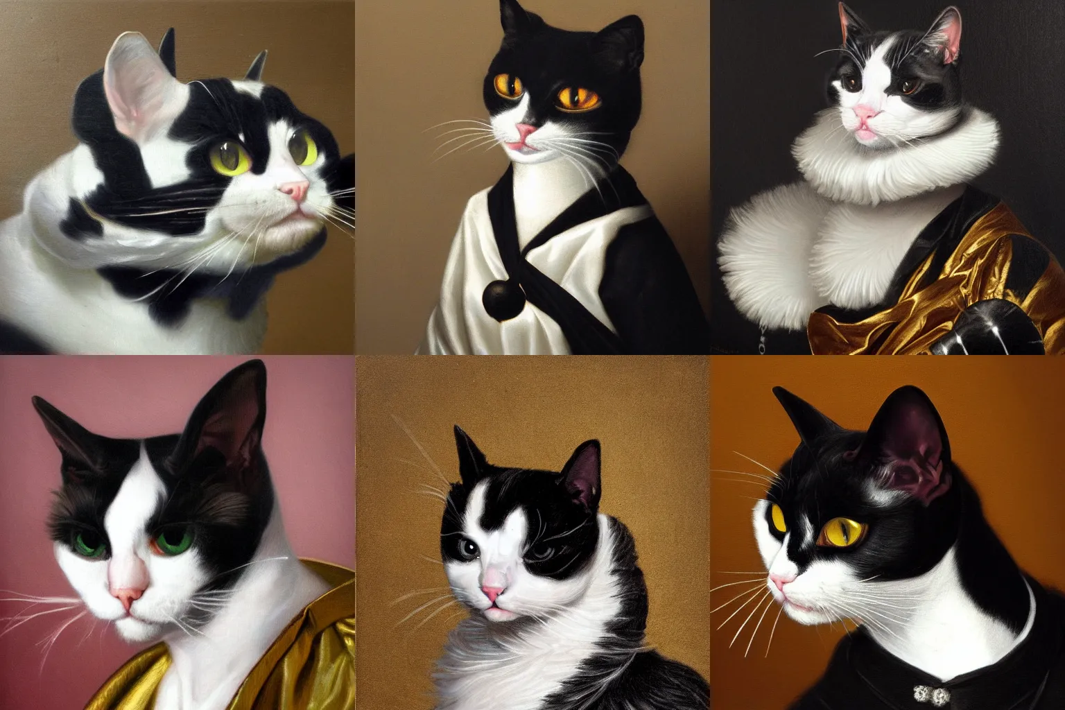 Prompt: baroque painting of a queen tuxedo cat, hyper detailed, trending on Artstation, masterpiece