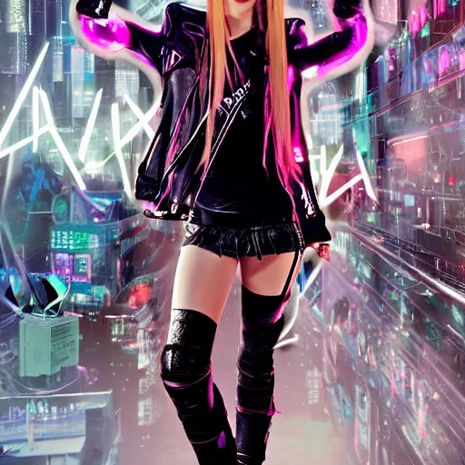 Image similar to avril lavigne a female singer, cyberpunk style, ninety vibes