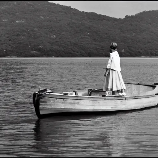 Prompt: a woman on a boat 1960 high quality