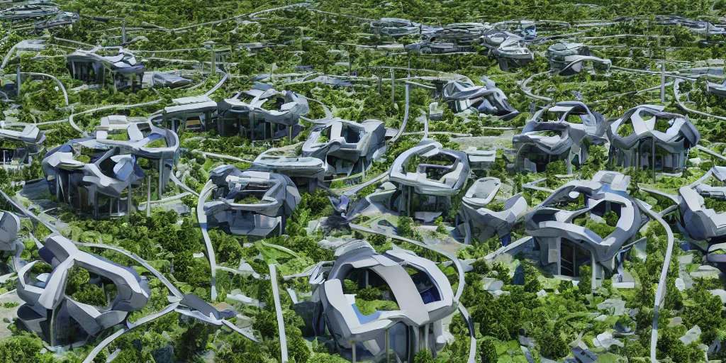 Image similar to futuristic eco-village with high diversified houses, solarpanels and integrated in nature, opposite of urban sprawl, forte gimenes marcondes ferryz arquitetos detailed, octane render, photo realism, 3D, ray tracing, photo realism