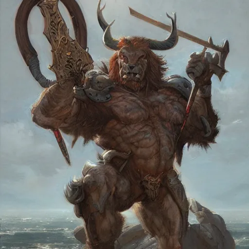 Prompt: huge smug minotaur wielding a greataxe, realistic art by donato giancola and greg rutkowski, digital art, trending on artstation, symmetry!!