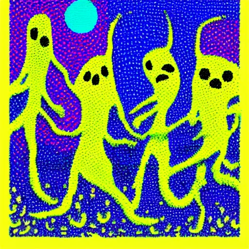 Image similar to ghosts having a fun night on the town, psychedelic colors, in a pointilliste style