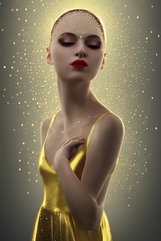 Image similar to pearl skinned ballerina, golden droplets on her face, chessboard pattern clothes, full body picture, crystal eyes, perfect face, atmosphere, glowing, radiant, dancing in the mud, cinematic lighting, high quality, perfect, 8 k high detail, masterpiece, trending on artstation, by ken wong