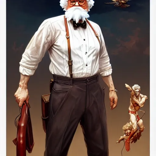 Image similar to a full body portrait of colonel sanders the greek god!! fighting in hell against a starving hillbilly!!! extremely beautiful, anatomically accurate, by artgerm and by greg rutkowski and by alphonse mucha and by simon bisley, radiant light, detailed and intricate environment,