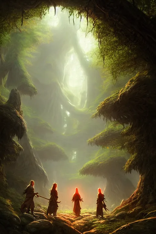 Prompt: a highly detailed matte painting of a group of young wizard a young warrior and a young paladin exploring elven ruins in a mystical forest by artgerm, by wlop, by greg rutkowski, red tones, volumetric lighting, octane render, 4 k resolution, trending on artstation, masterpiece