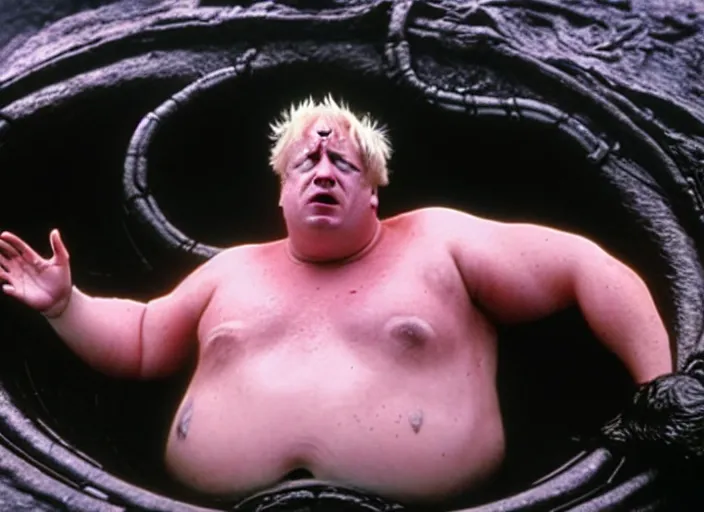 Image similar to boris johnson as baron harkonnen in a black oil bath in a still from the film Dune (2021)