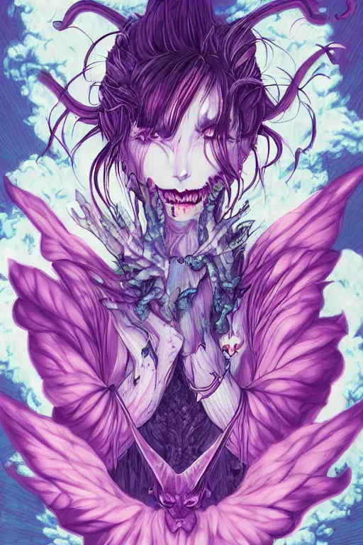 Prompt: concept art painting of a demonic devil fairy, artgerm, moebius, inio asano, toon shading, cel shading, calm, tranquil, vaporwave colors,