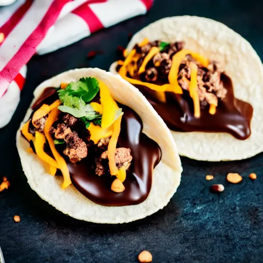 Prompt: dslr food photograph of taco with poop in it, chocolate sauce, 8 5 mm f 1. 4