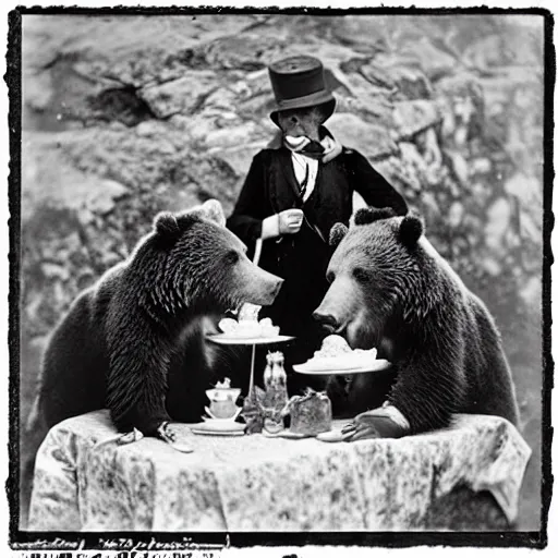 Image similar to “ grizzly bear tea party, 1 9 0 0 ’ s photo ”