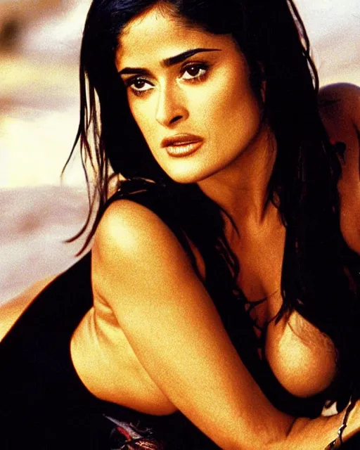 Image similar to film still of closeup portrait of young beautiful salma hayek in from dusk till dawn 1 9 9 6, octane, arney freytag, glamour pose,