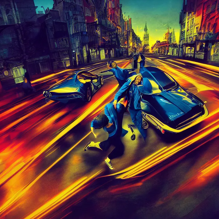 Prompt: street racing packshot by vermeer, highly detailed, saturated colors, fashion