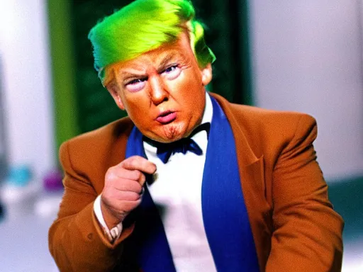 Image similar to donald trump as an oompa loompa with green hair, still from film chocolate factory 1 9 7 1