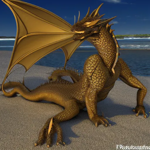 Prompt: Photorealistic award-winning anthromorphic dragon relaxing in a beach, 3D, as coherent as Dall-E 2