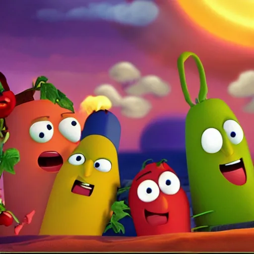 Prompt: VeggieTales episode where they battle the antichrist