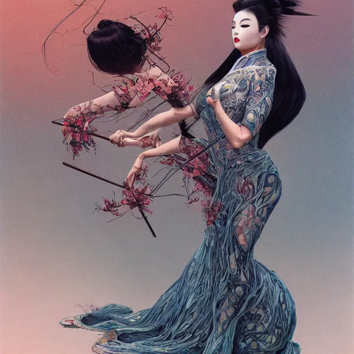 Image similar to hypermuscular geisha, full body, latex, rubber, fast, ektachrome, electric, flowing motion, aerodynamic, fashion shoot, digital art, smooth, sharp focus, art station, art by wayne barlowe and ivan shishkin and adolph menzel