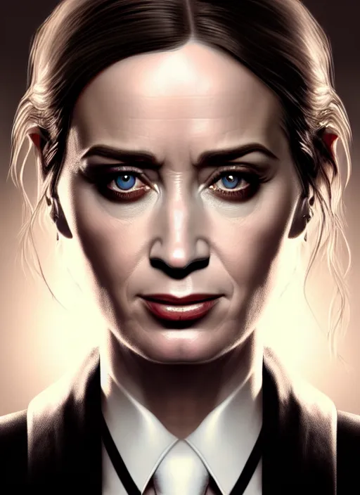 Image similar to portrait of emily blunt with reptile eyes as business woman, black suit, white shirt, black tie, intricate, headshot, highly detailed, digital painting, artstation, concept art, sharp focus, cinematic lighting, illustration, art by artgerm and greg rutkowski, alphonse mucha, cgsociety