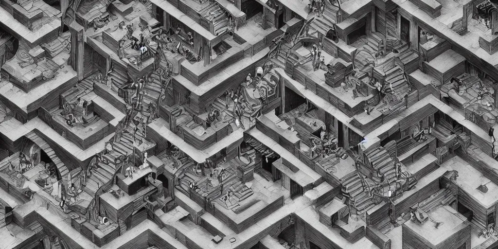 Image similar to escher drawing of where's wally. Infinity, clean, full of detail, Matte, unreal engine