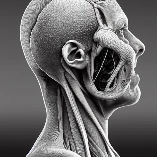 Prompt: human head mutation into an insect head, half - profile shot, meaty, photoreal, unreal engine, intricate detailed, by zdzisław beksinski